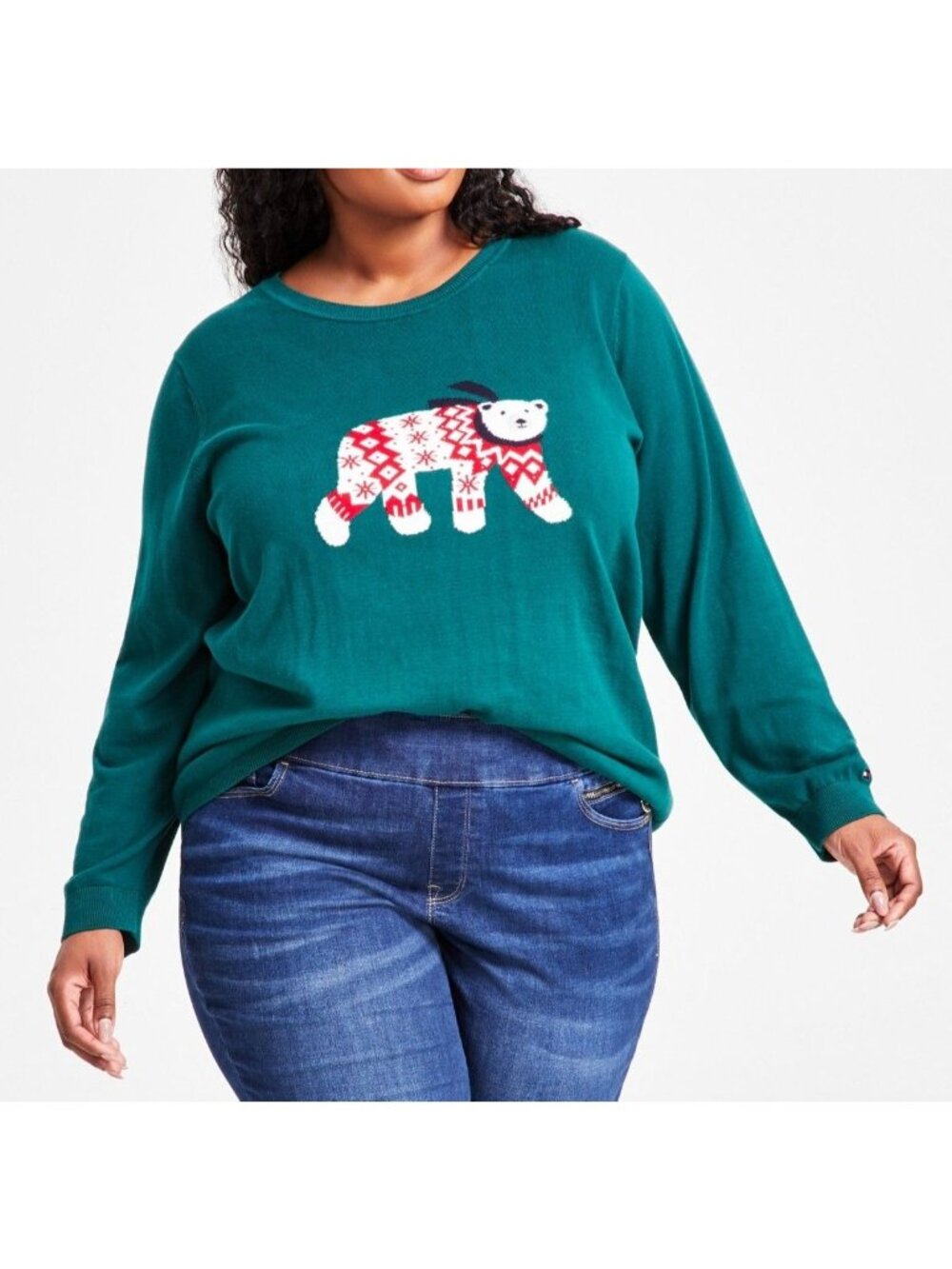 Tommy Hilfiger Womens Polar Bear Pullover Sweater Green Plus Size 1X NWT
